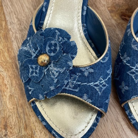 SOLD Louis Vuitton Denim Monogram Flower Slide Sandals - Picture 4 of 11